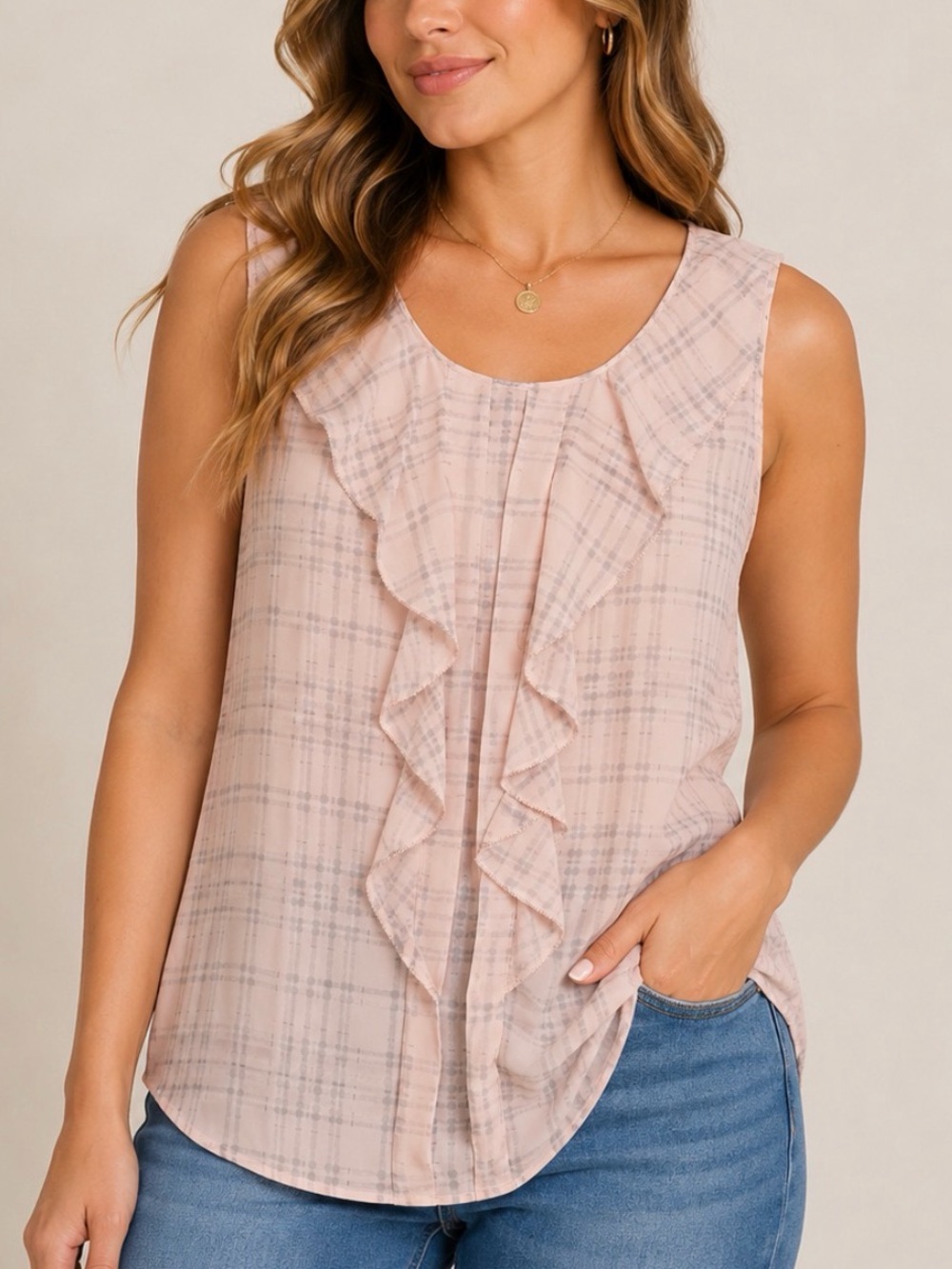Elle Pale Pink Plaid Ruffle Sleeveless Camisole